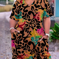 Floral Print V-Neck Dress With Pockets