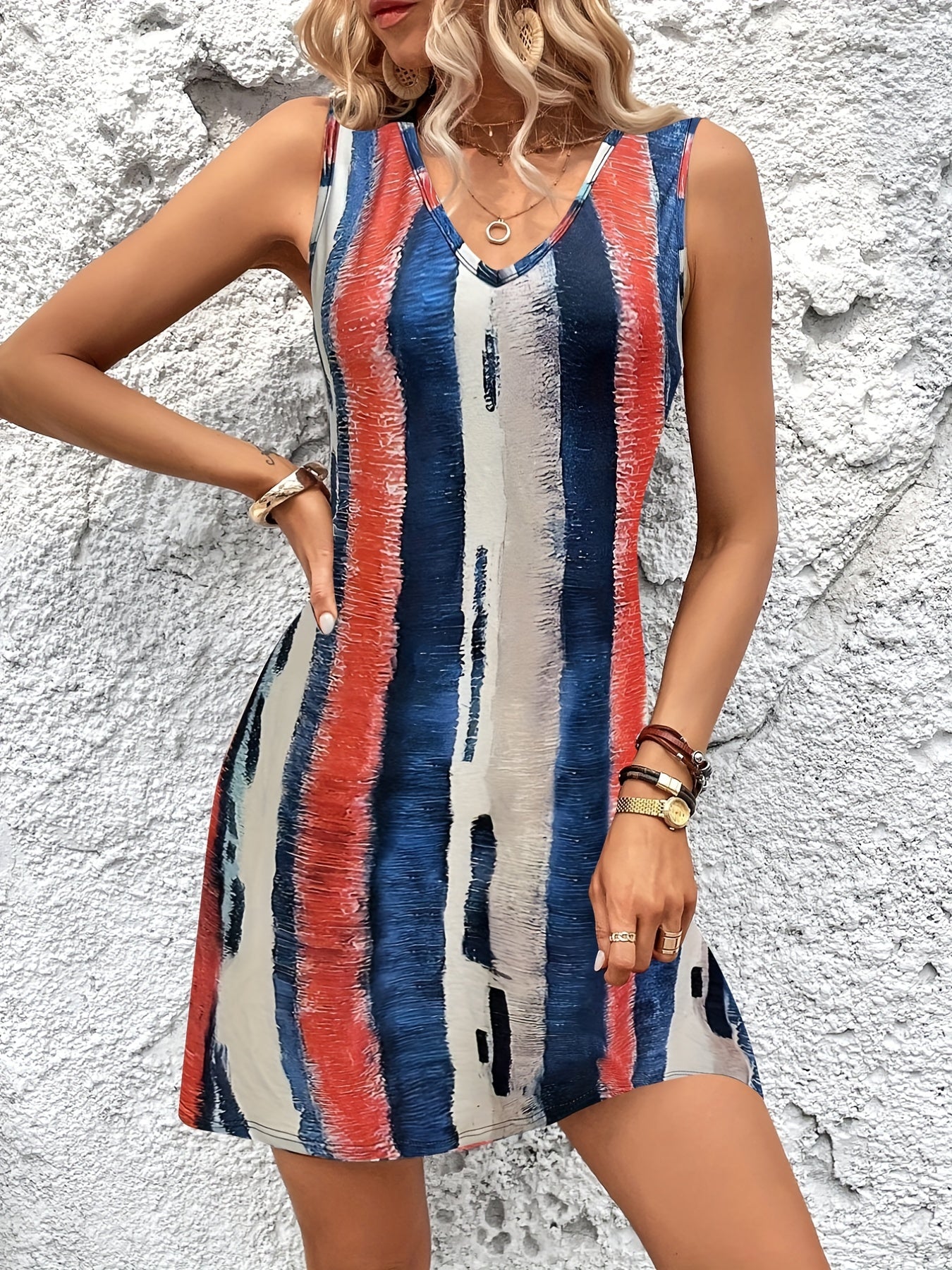 Striped Tank Dress V Neck Sleeveless Mini Dress Women's Clothing