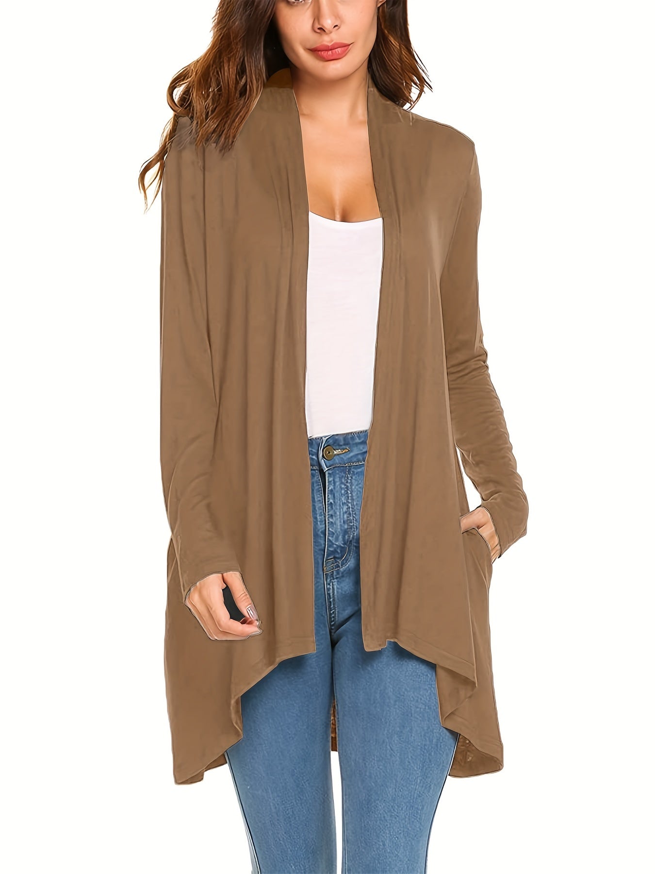 Open Front Drape Cardigan Long Sleeve Pocket Cardigan