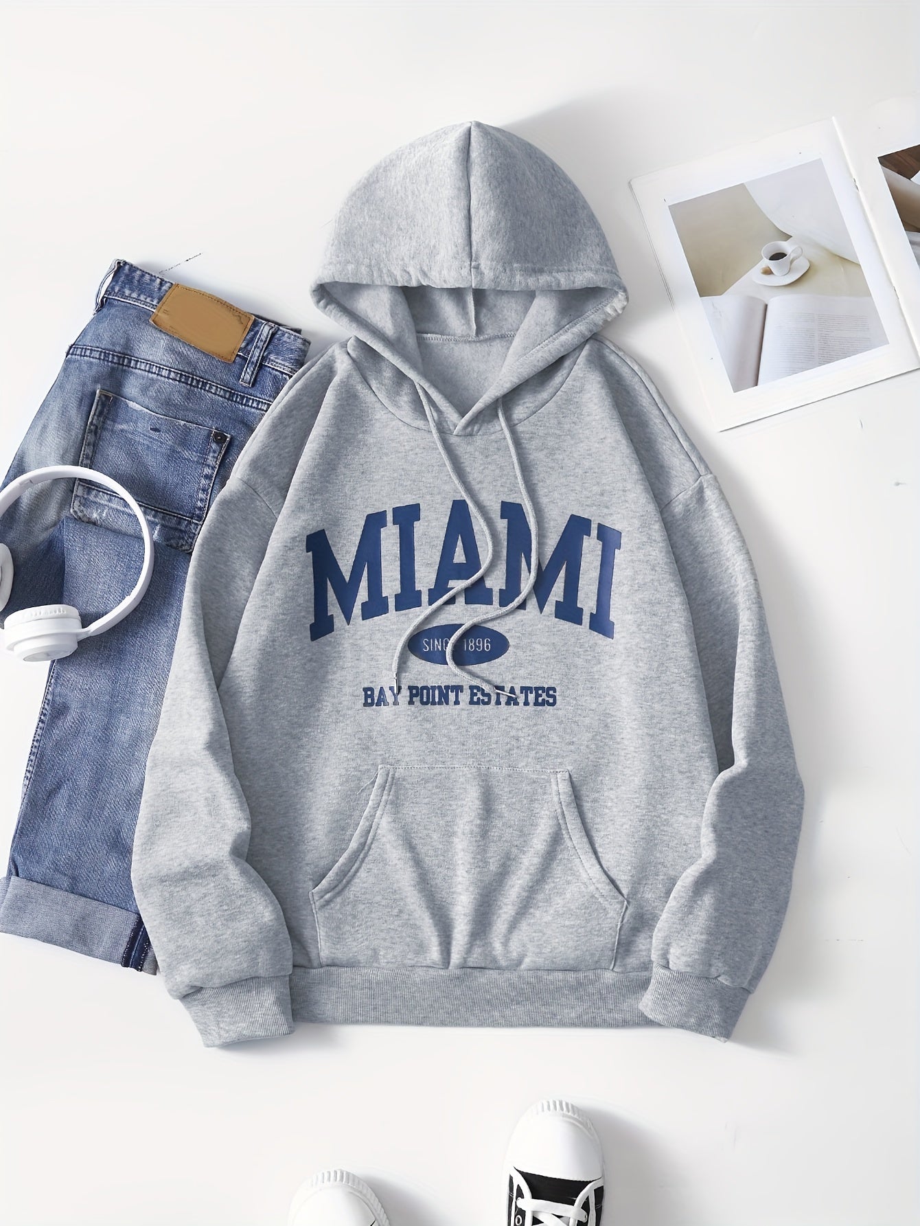 Miami Print Kangaroo Pockets Hoodie Spring & Fall Women's Clothing
