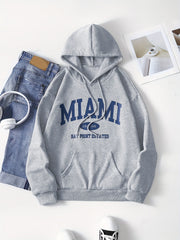 Miami Print Kangaroo Pockets Hoodie Spring & Fall Women's Clothing