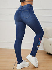 Dark Floral Embroidery Denim Slim Fit High Waist Skinny Jeans