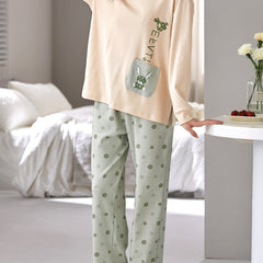 Bunny Print Lounge Set Long Sleeve Top & Pants Women's Sleepwear