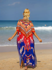 Geometric Print Bat Sleeve V Neck Cover Up Dress