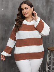 Casual Sweater Women's Plus Stripe Print Drop Shoulder Lantern Sleeve