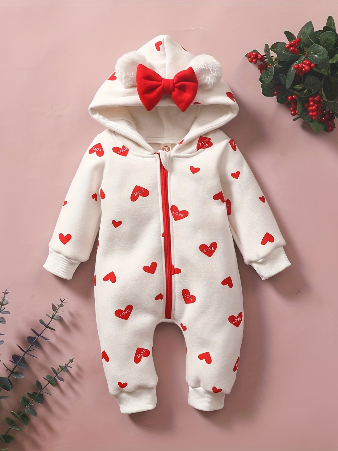 Heart Patterned Baby Jumpsuit for Winter Warmth
