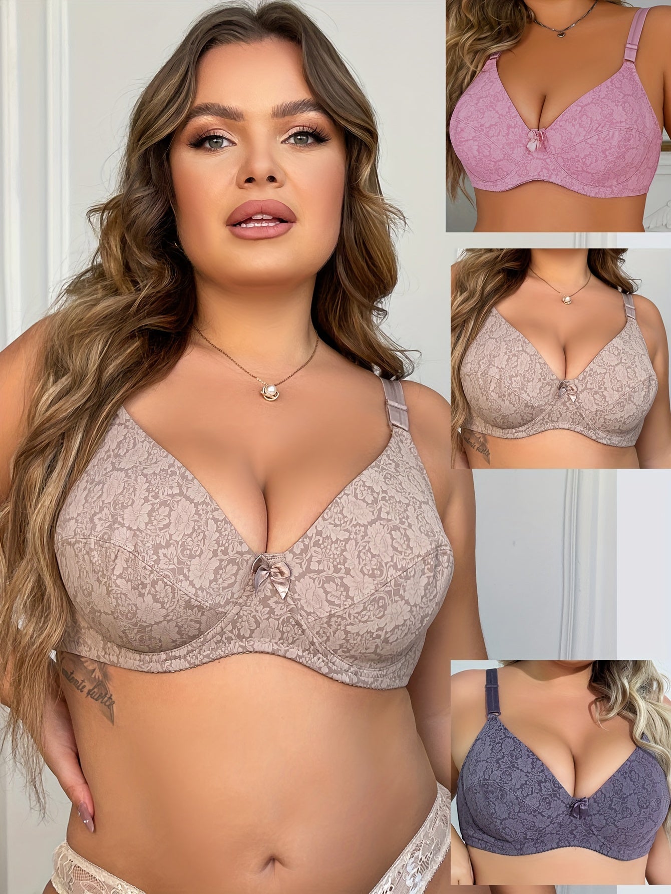 Women's Plus Size Floral Jacquard Bra Set - 3 Pack