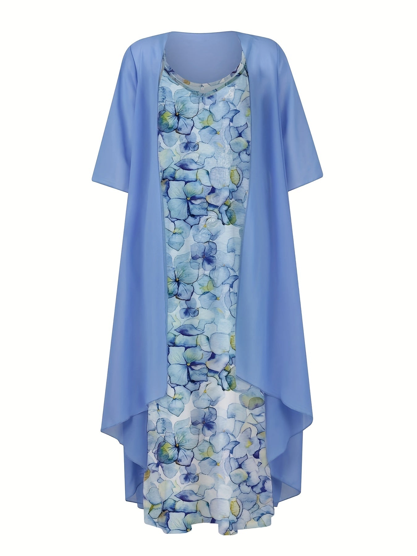 Spring & Fall 2pc Set Solid Open Front Coat & Floral Print Dress