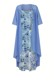 Spring & Fall 2pc Set Solid Open Front Coat & Floral Print Dress