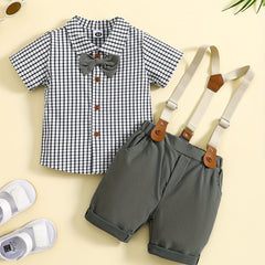 Boy's Gentleman Style Suit Set with Suspenders Shorts & Bowtie Shirt