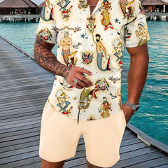 Merman Print Hawaii Shirt & Beach Shorts Set - Summer Outfit