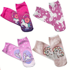 4 Pairs Unicorn Pattern Socks & Lightweight Low Cut Socks Women's Stockings