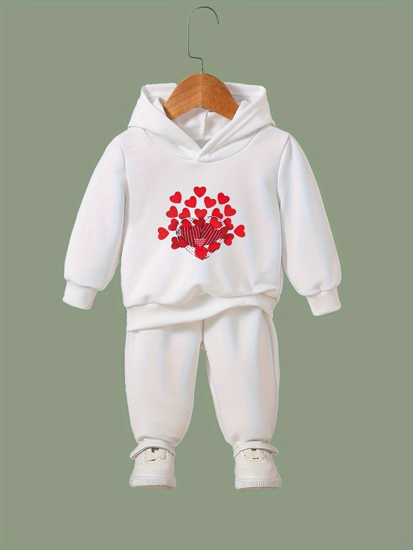 Girls 2pc Hearts Pattern Hooded Sweatshirt & Solid Sweatpants Set