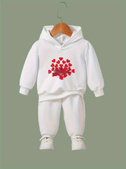 Girls 2pc Hearts Pattern Hooded Sweatshirt & Solid Sweatpants Set