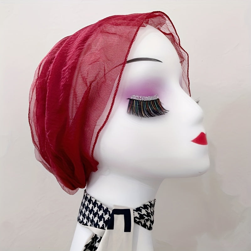 Soft Solid Mesh Turban Cap Pleated Mesh Breathable Head Wrap Elastic Beanie