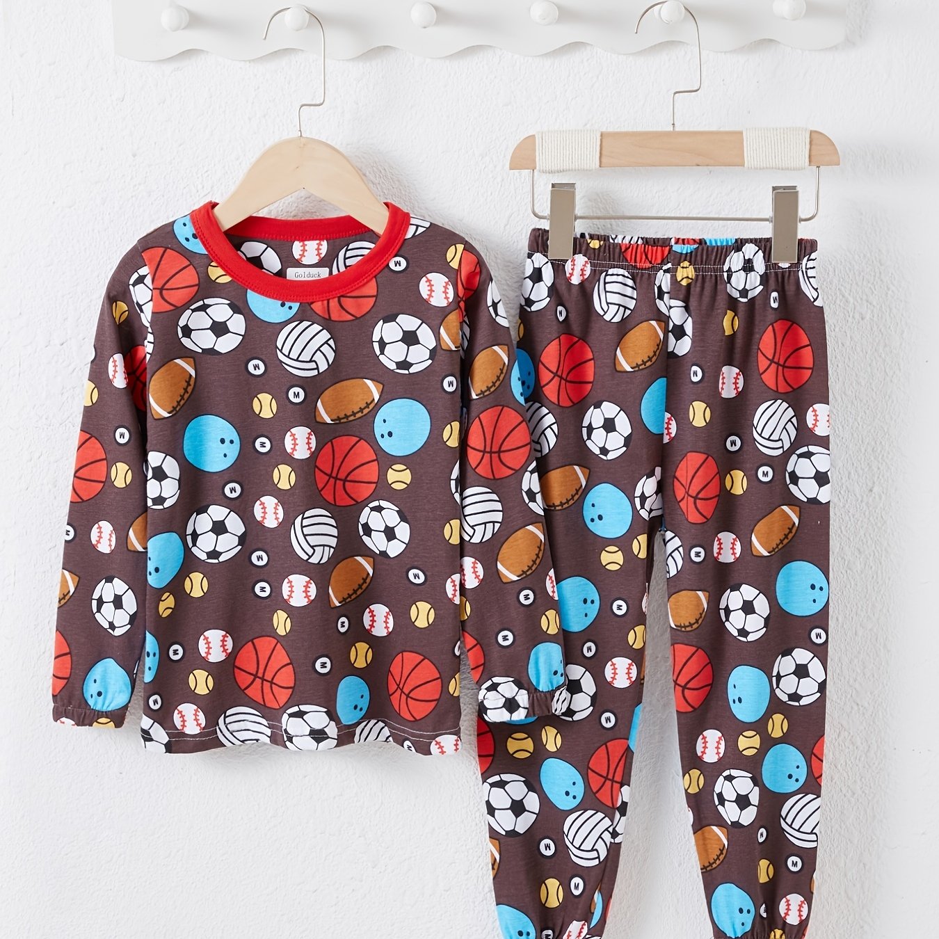Baby Pajamas Football Basketball Print Set Crew Neck Long Sleeve Top & Pants