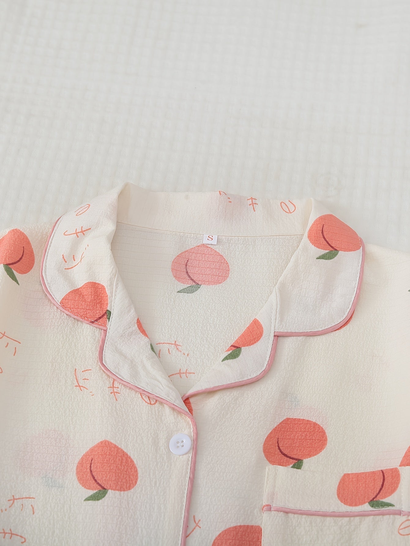 Peach Print Pajama Set Short Sleeve Buttons Top & Elastic Waistband Pants