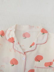 Peach Print Pajama Set Short Sleeve Buttons Top & Elastic Waistband Pants