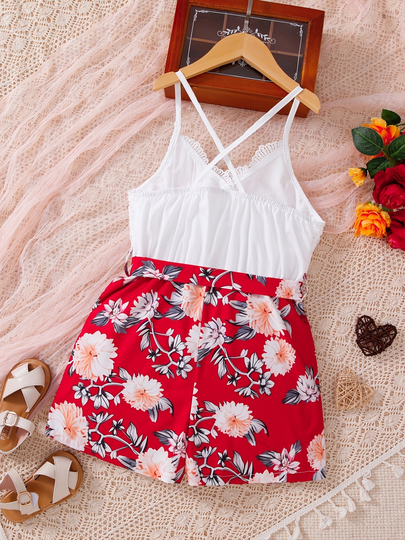 Bohemian Lace Cami Print Romper with Bow Belt for Summer