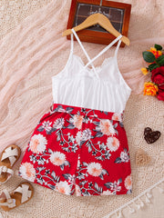 Bohemian Lace Cami Print Romper with Bow Belt for Summer