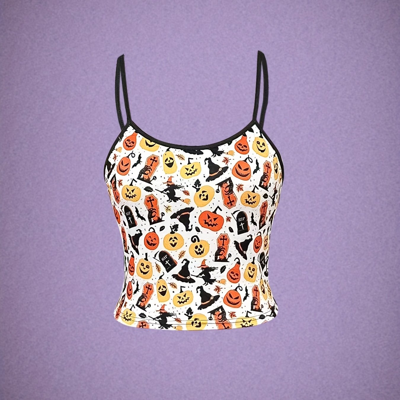 Pumpkin & Witch Print Cami Top Sleeveless Women's Clothing