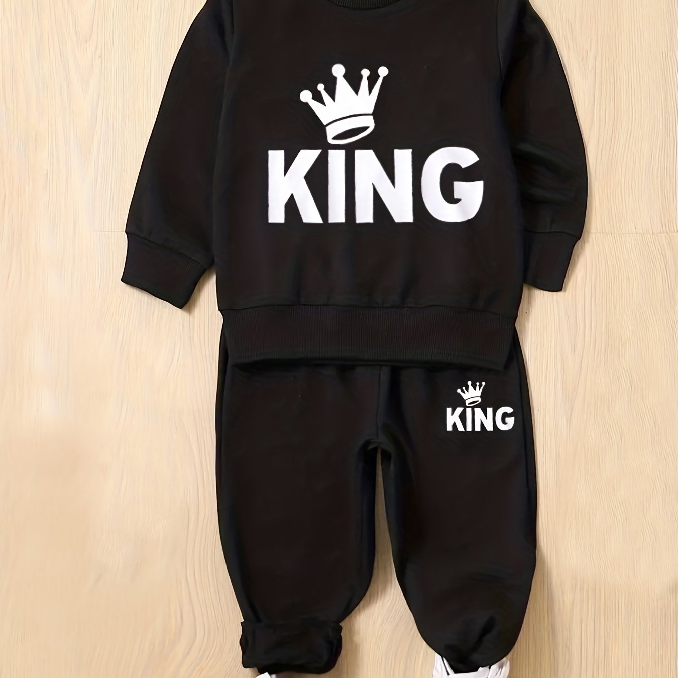 Boy's KING Print 2pcs Sweatshirt & Sweatpants Set Cartoon Crown Pattern