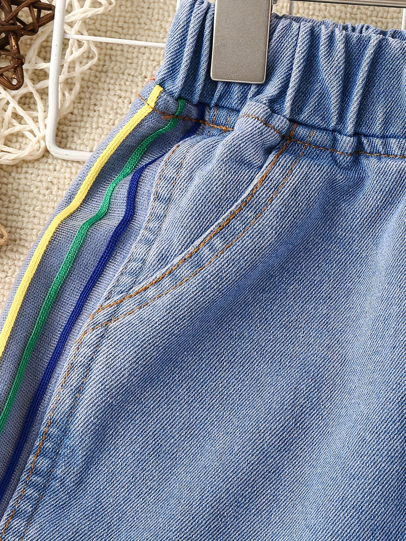 Girls Denim Shorts Rainbow Side Stripe Casual Pants Kids