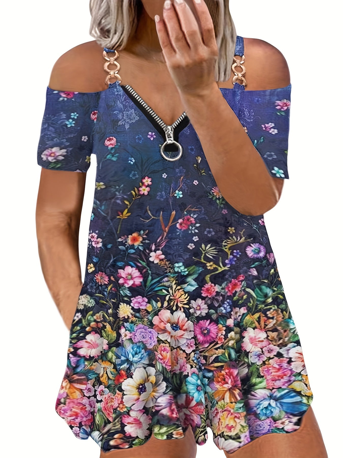 Casual Dress Women's Plus Feather Print Metal Decor Zipper