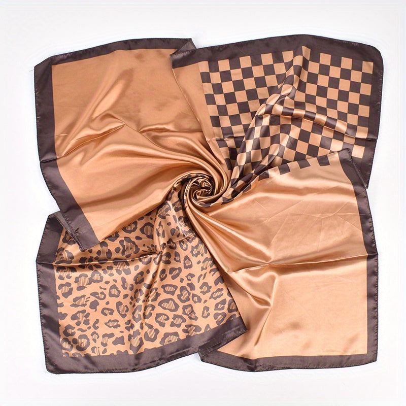 Geometric Plaid Print Bandana Silky Square Scarf Satin Shawl Head Wraps