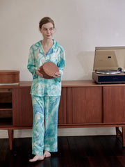Wave Print Pajama Set Long Sleeve Top & Pants Women's Sleepwear