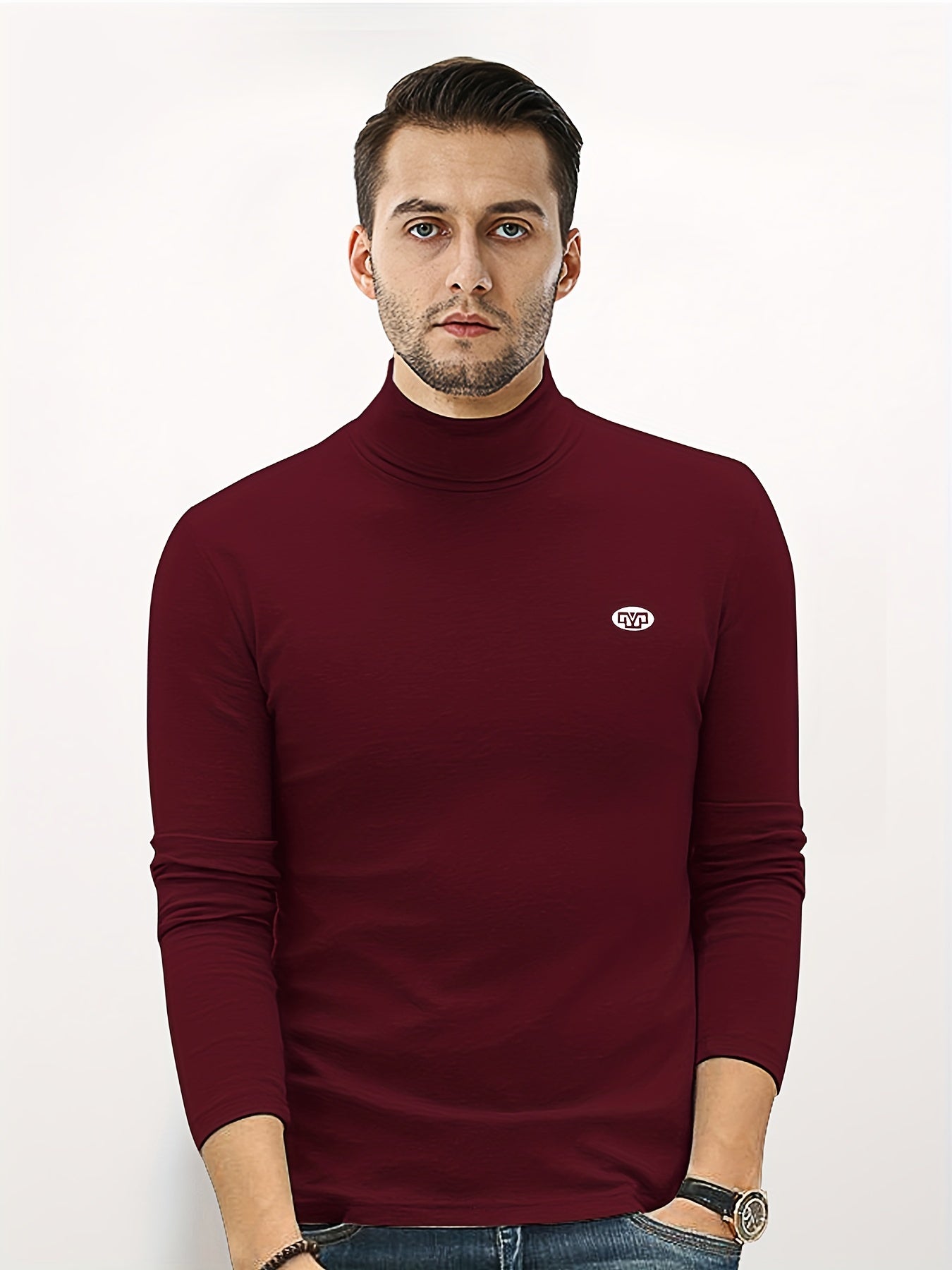 Men's High Neck Knitted Sweater Solid Mid Stretch Pullover for Spring