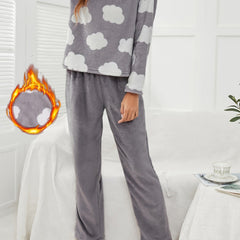 Cloud Print Fuzzy Pajama Set Long Sleeve Crew Neck Top & Elastic Waistband Pants