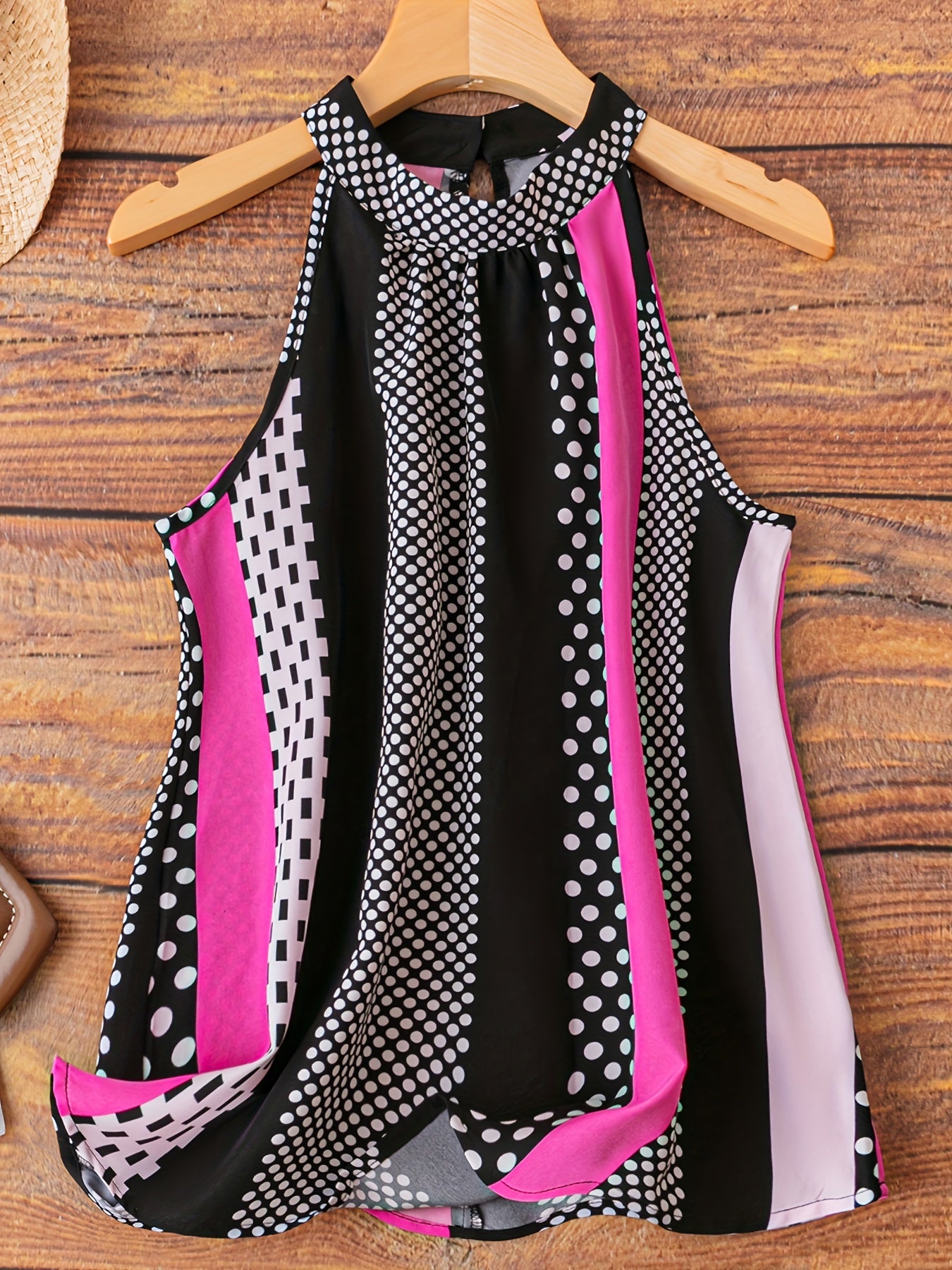 Polka Dot Halter Neck Top Colorblock Casual Summer Women's Clothing