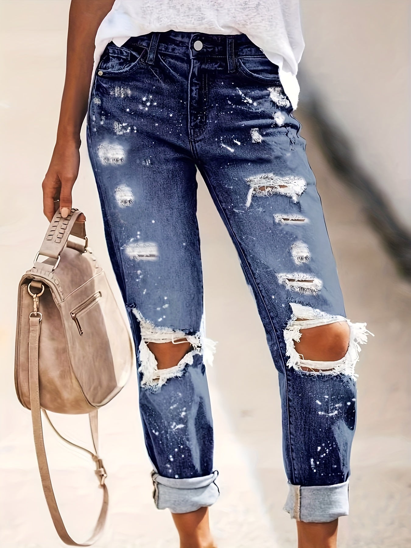 Women's Ripped Straight Jeans Non-Stretch Denim Pants