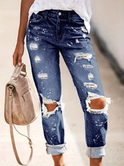 Women's Ripped Straight Jeans Non-Stretch Denim Pants