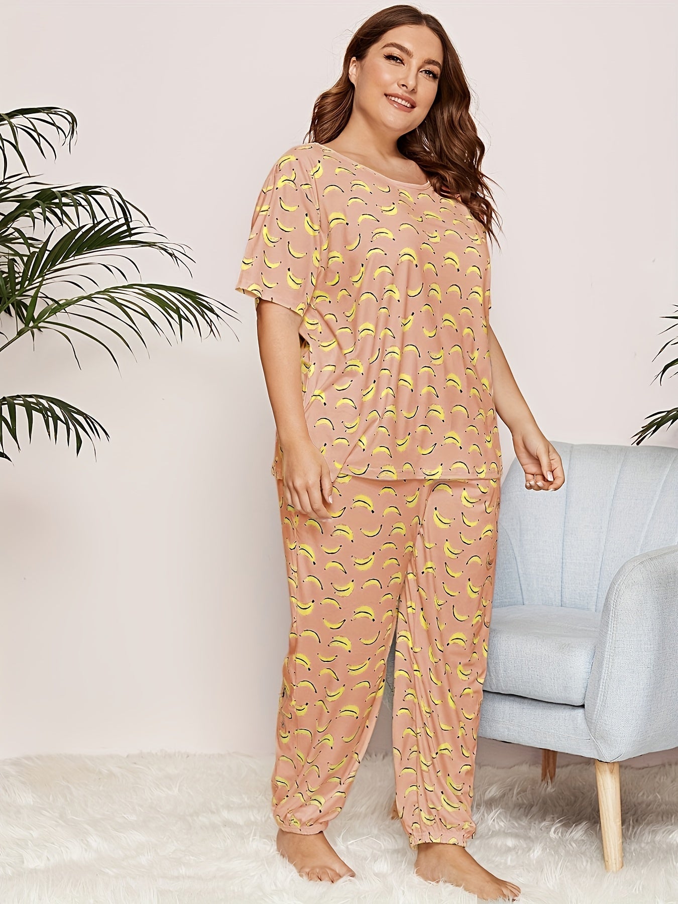 Banana Print Pajama Set Short Sleeve Top & Pants Two Piece Set