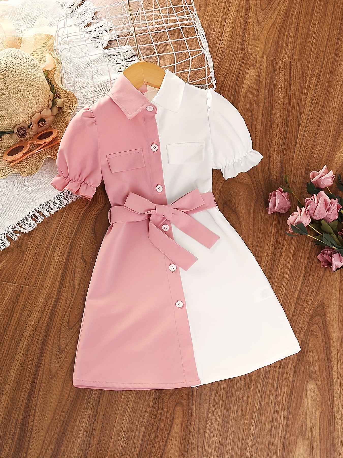 Girls Causal Block Puff Sleeve Button Down Lapel Dress With Belt