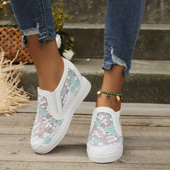 Women's Mesh Wedge Sneakers Floral Embroidered Low Top Slip On Shoes