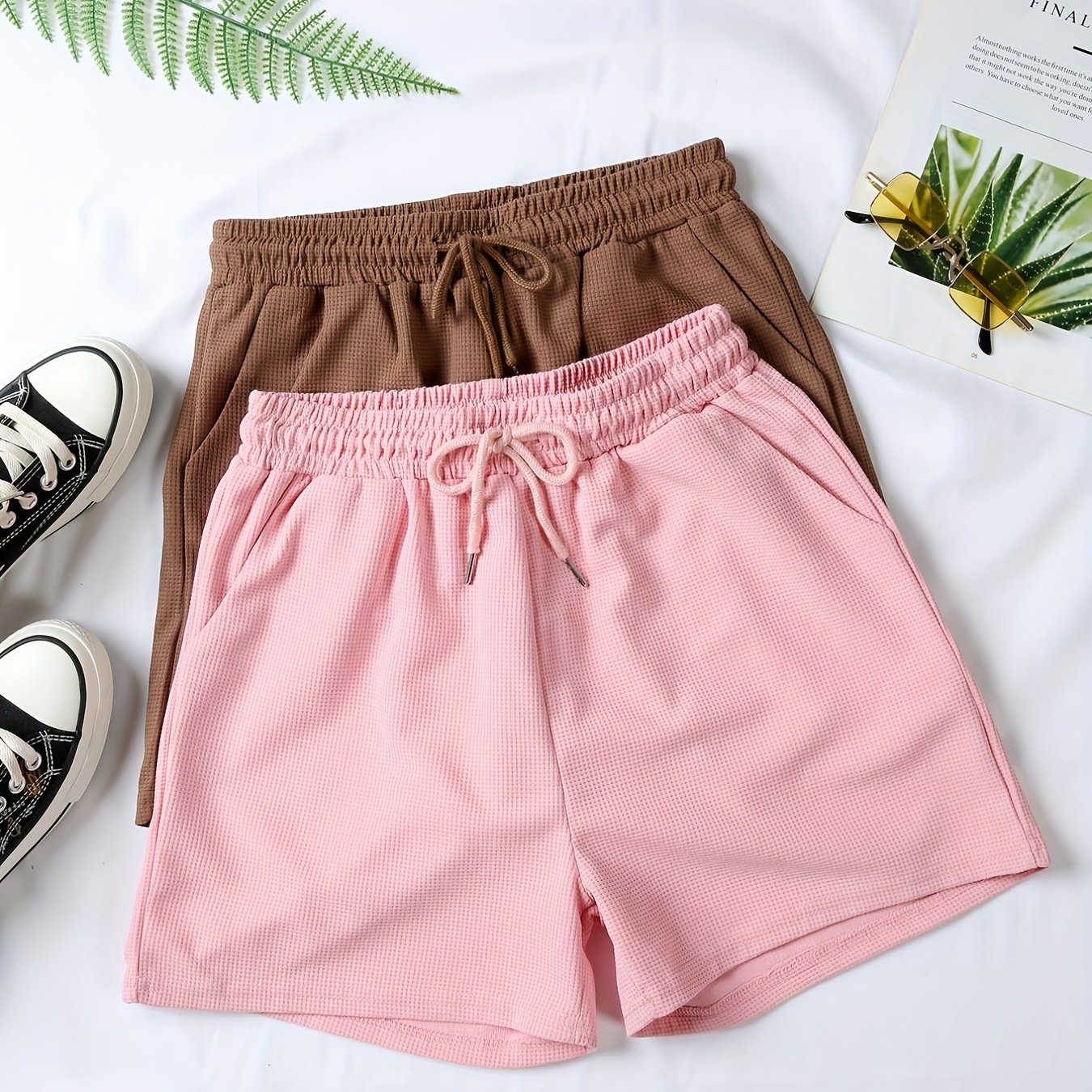 2 Pc Solid Sports Shorts With Pockets Set for Women