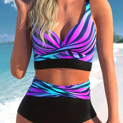 Colorblock Stripe Print Bikini Set