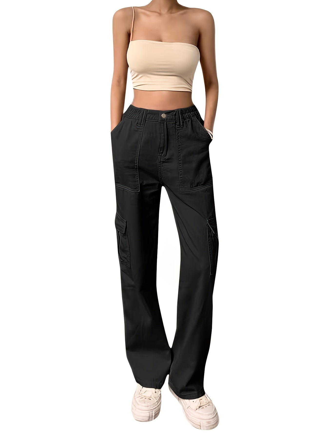 High Rise Solid Cargo Pants Expanded Pockets Loose Baggy Fit
