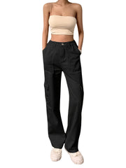 High Rise Solid Cargo Pants Expanded Pockets Loose Baggy Fit