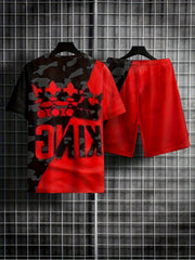 "KING" Crown Print Mens 2 Piece Block Outfits T-shirt and Shorts Set