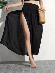 Solid Shirred Cover Up Skirt Sexy Maxi Beach Coverup