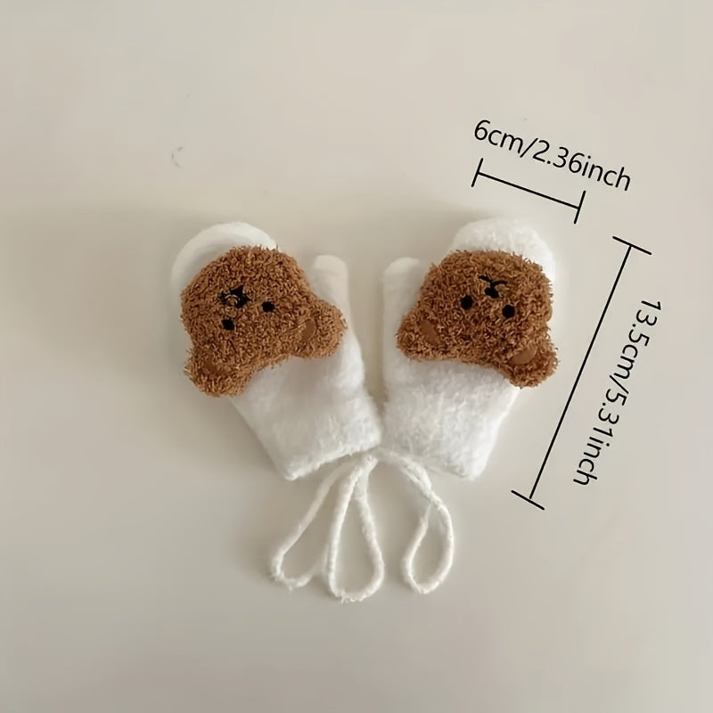 Kids Bear Gloves Neck Hanging Mittens Winter Double layer Knitted Warm