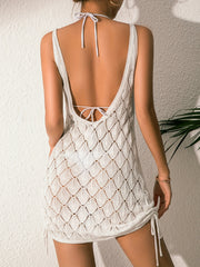 Drawstring Side Knitted Cover Up Round Neck Crochet Cover Up Dress