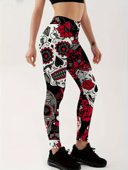Halloween Leggings Women's Skull & Floral Print High Rise