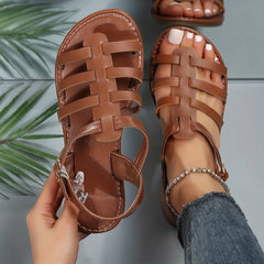 Women's Cut Out Flat Sandals Casual Buckle Strap Faux Leather Sandals