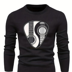 Men's Instrument Print Knitted Sweater Active Mid Stretch Slim Fit Warm Pullover