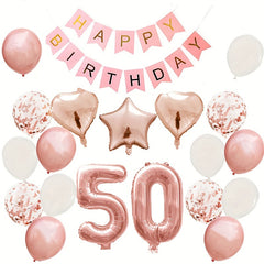 Rose Golden Birthday Balloons Set with Pull Flag